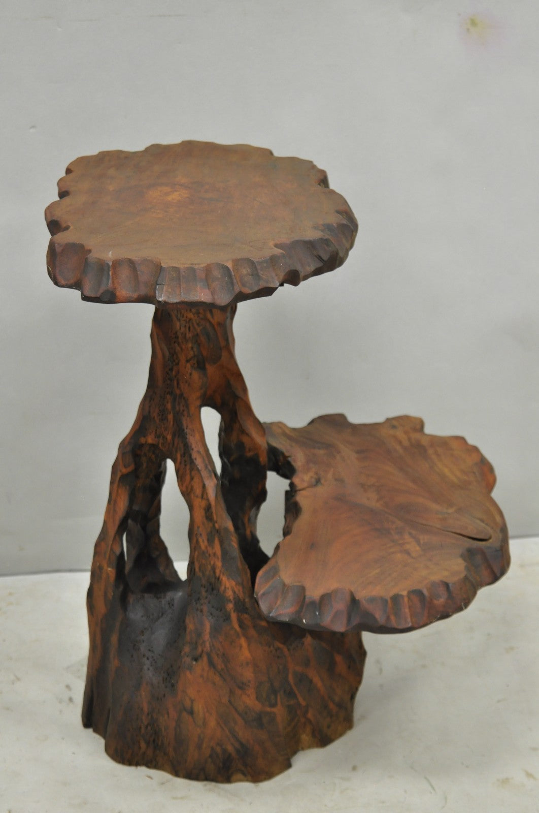 Vintage Mid Century Modern Live Edge 2 Tier Walnut Plant Stand Side Table