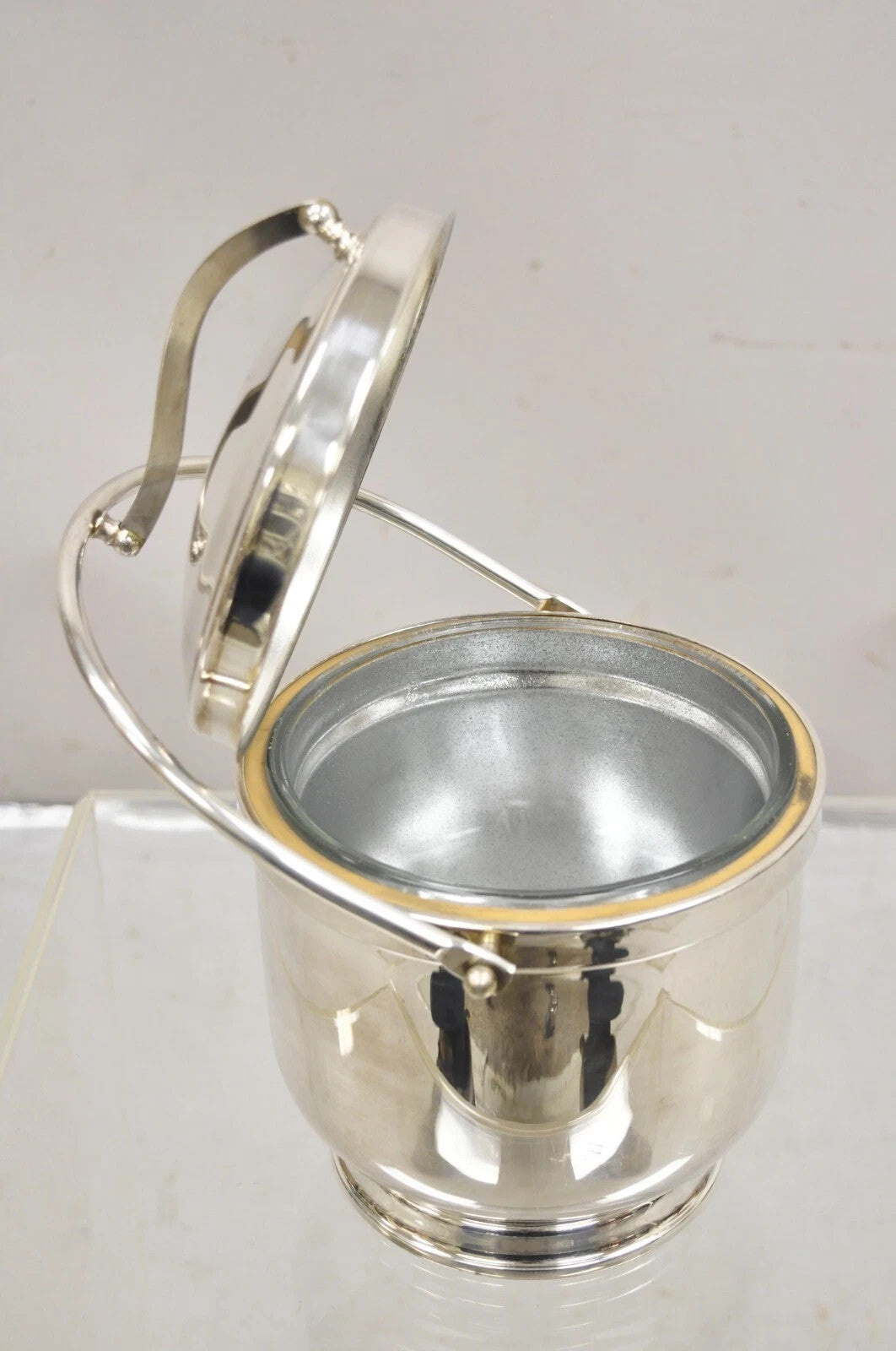Vintage Wallace Mid Century Modern Silver Plated Glass Lined Hinged Ice Bucket