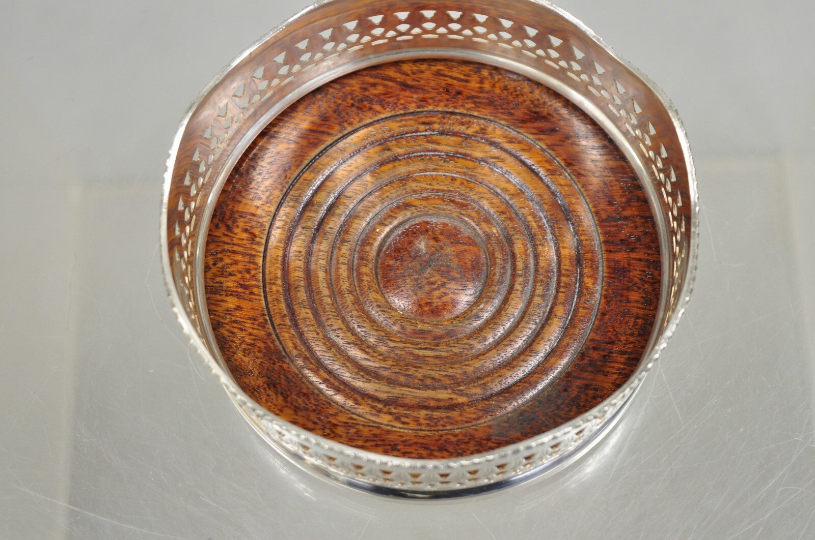Vintage Sheffield Edwardian Silver Plated Fretwork Mahogany Wine Bottle Coaster