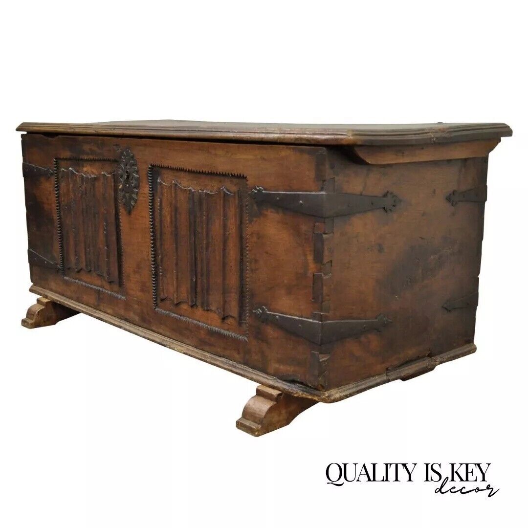 Antique 18th C. Gothic Renaissance Chestnut Large Coffer Blanket Chest Trunk
