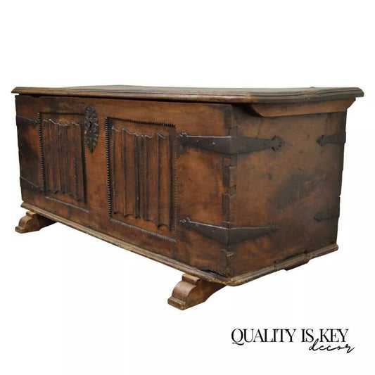 Antique 18th C. Gothic Renaissance Chestnut Large Coffer Blanket Chest Trunk