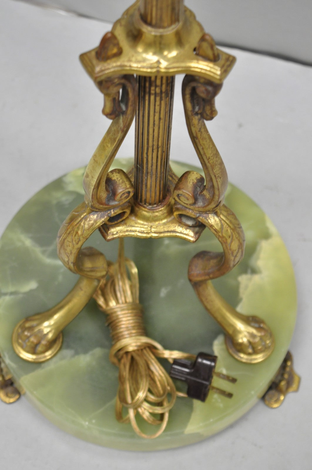 Antique Art Deco Brass & Green Onyx Paw Foot Victorian Pole Floor Lamp