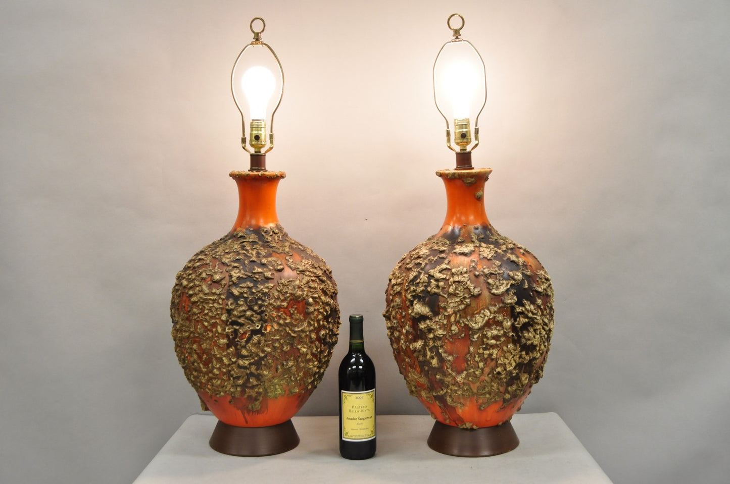 Vintage Mid Century Modern Orange Drip Lava Glaze Large Pottery Table Lamp Pair