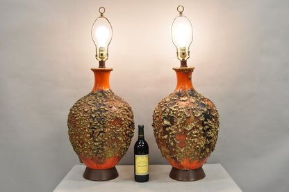 Vintage Mid Century Modern Orange Drip Lava Glaze Large Pottery Table Lamp Pair