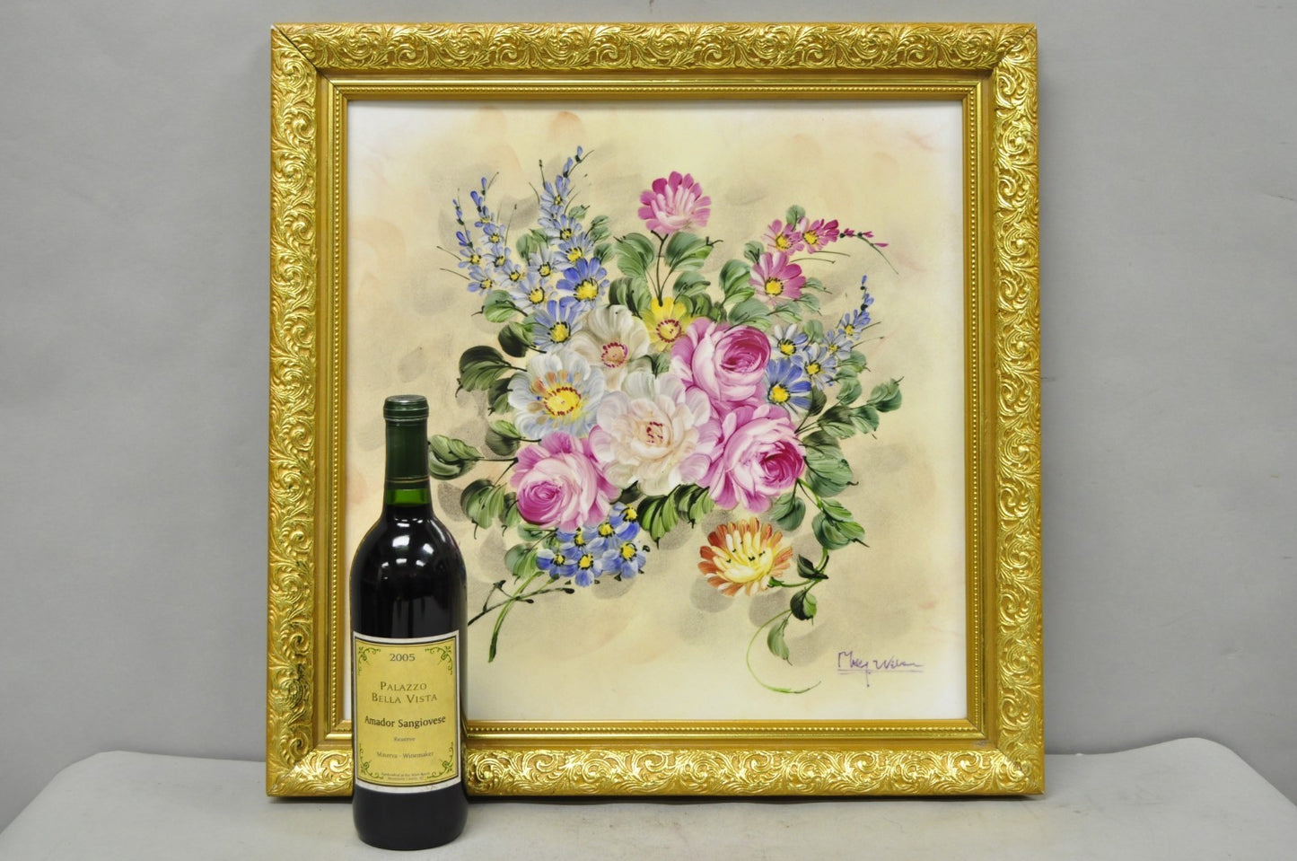 Mary Wilson French Hand Painted Porcelain Plaque Pink Rose Flower Painting (B)