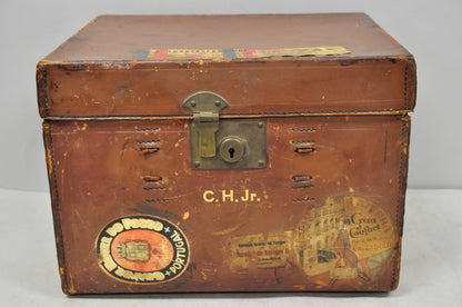English Art Deco Brown Leather Travel Case Suitcase w/ Cunard Stickers & Top Hat