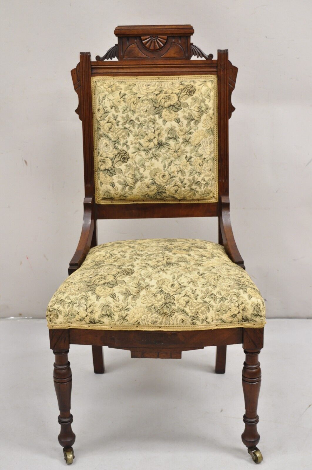 Antique Eastlake Victorian Carved Walnut Parlor Side Chair with Floral Tapestry