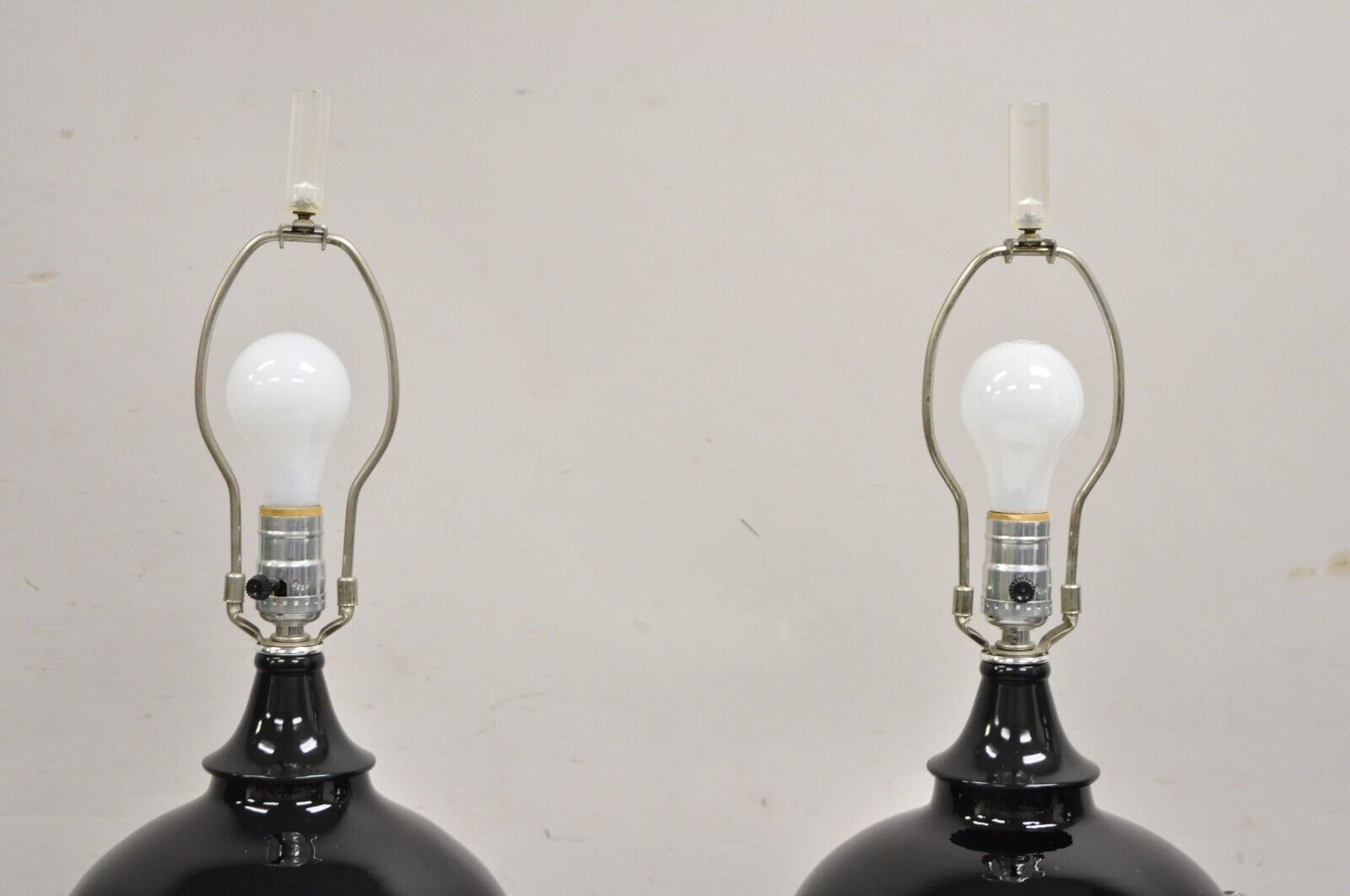 Vintage Postmodern Black Blown Glass Clear Ribbon & Lucite Table Lamps - a Pair