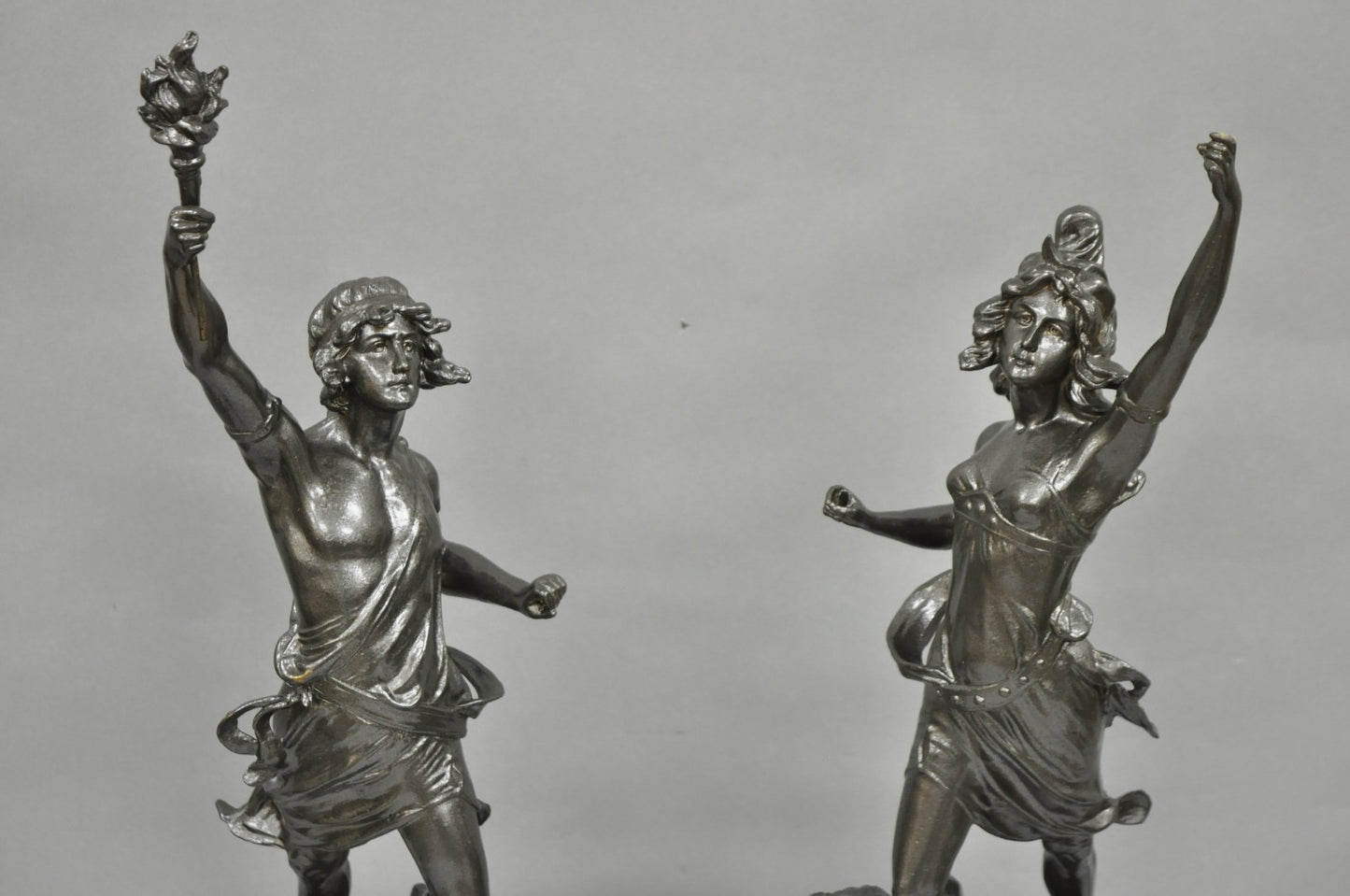 Antique French Renaissance "Le Force & Le Pouvoir" Spelter Metal Sculpture Pair