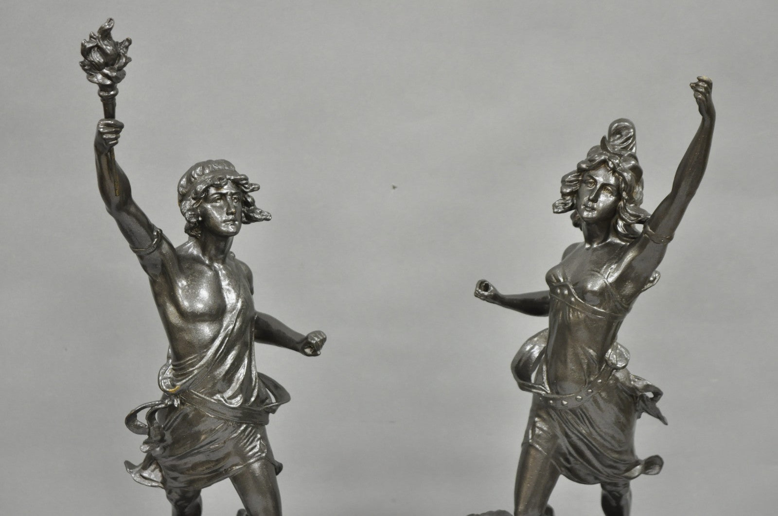 Antique French Renaissance "Le Force & Le Pouvoir" Spelter Metal Sculpture Pair