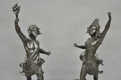 Antique French Renaissance "Le Force & Le Pouvoir" Spelter Metal Sculpture Pair