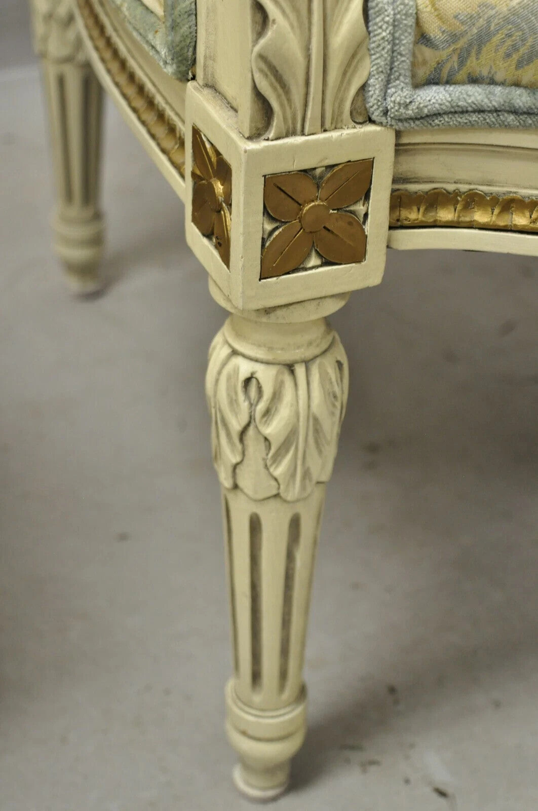 Vintage French Louis XVI Style Cream Painted Gold Gilt Lounge Arm Chairs - Pair