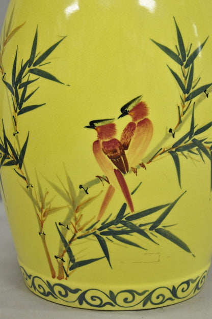Vintage Chinese Chinoiserie Yellow Porcelain Ceramic Garden Seat w Painted Birds