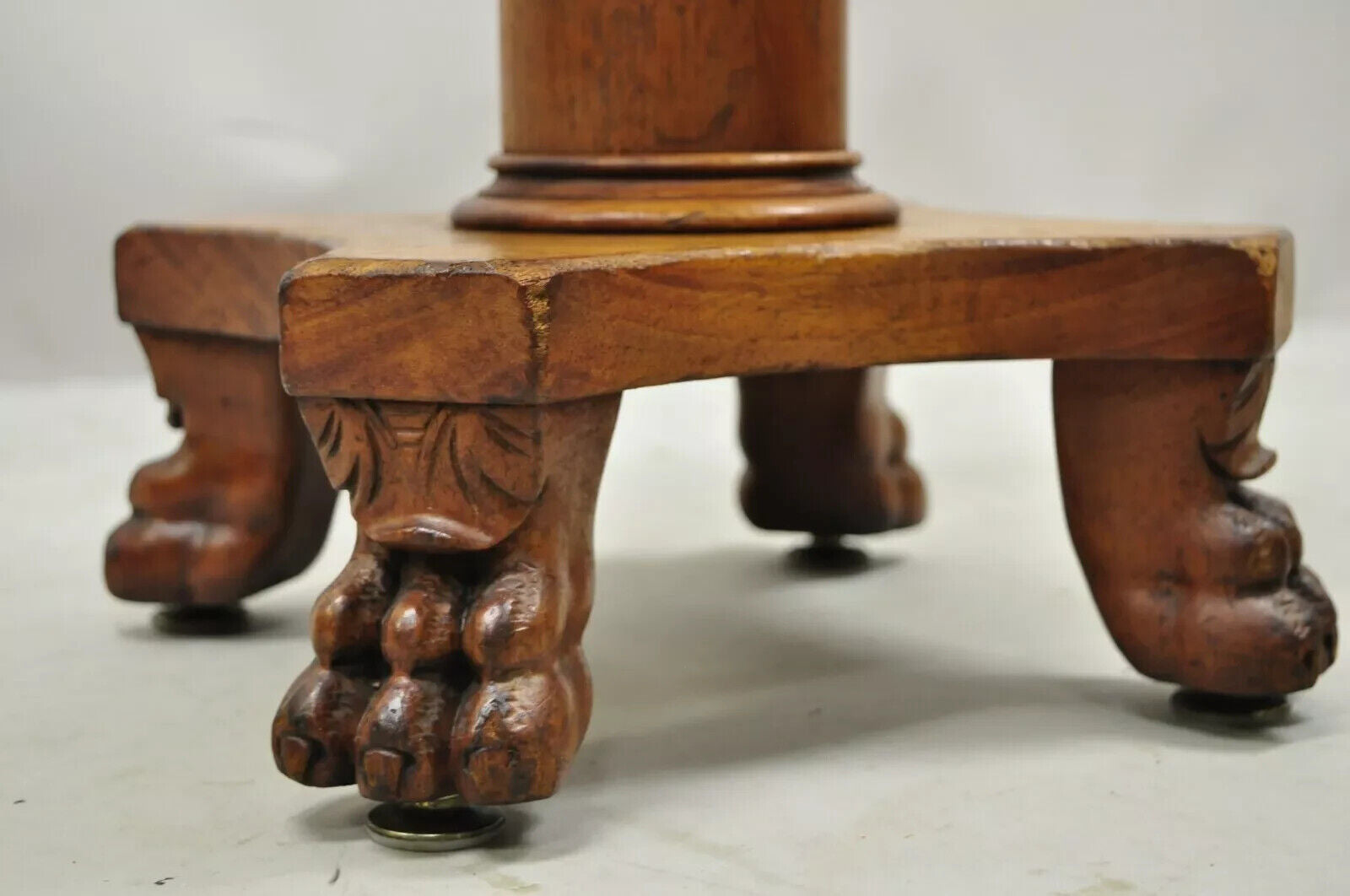 19th C. American Empire Mahogany Carved Column Paw Foot Swivel Leather Stool