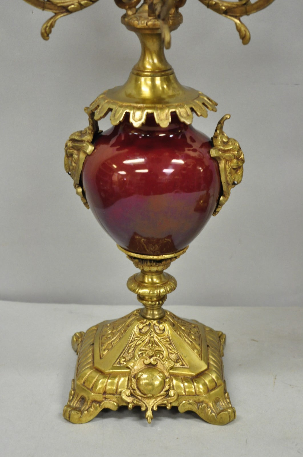 Vintage French Louis XV Style Red Porcelain Brass Candelabra Table Lamps - Pair