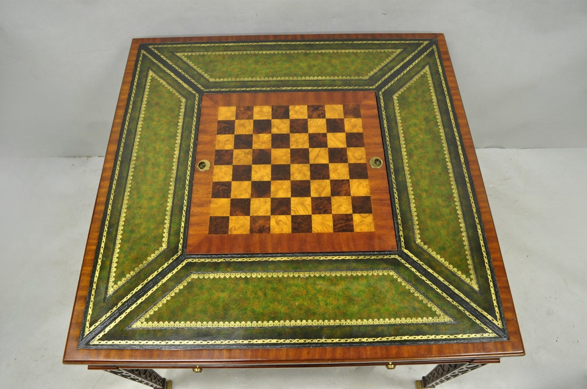 Maitland Smith Marquetry Inlay Leather Mahogany Game Table & 4 Shield Back Chair