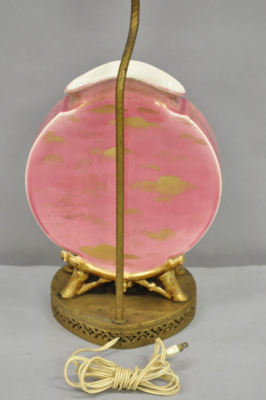 Antique Chinoiserie Pink Porcelain Round Vase Table Lamps w/ Birds - a Pair