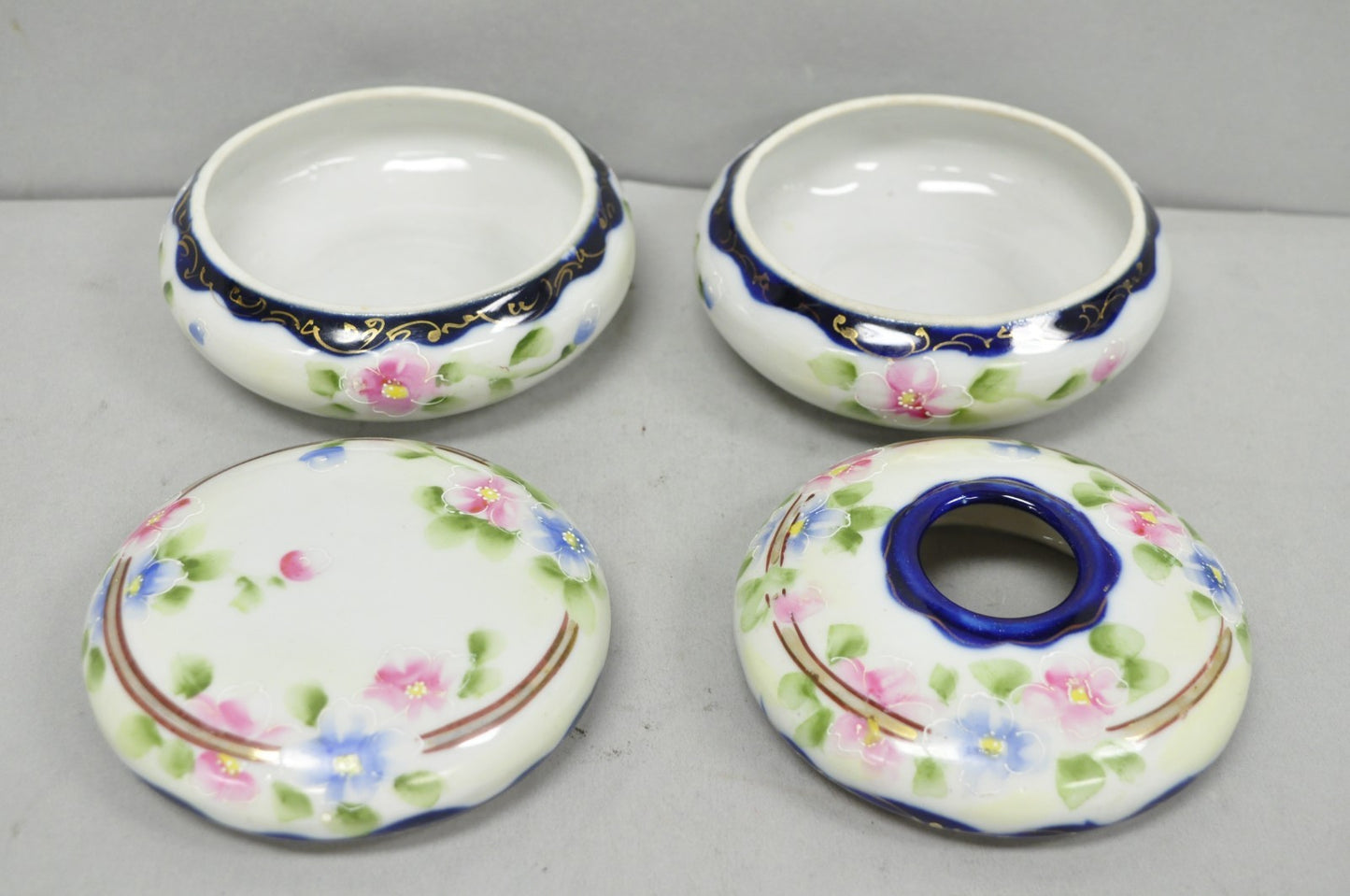 Victorian Japanese Hand Painted Porcelain Cobalt Blue Hair Receiver & Powder Jar