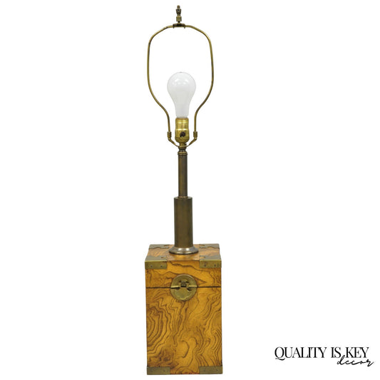 Vintage Campaign Style Burl Wood & Brass Faux Tea Box Table Lamp by Knob Creek