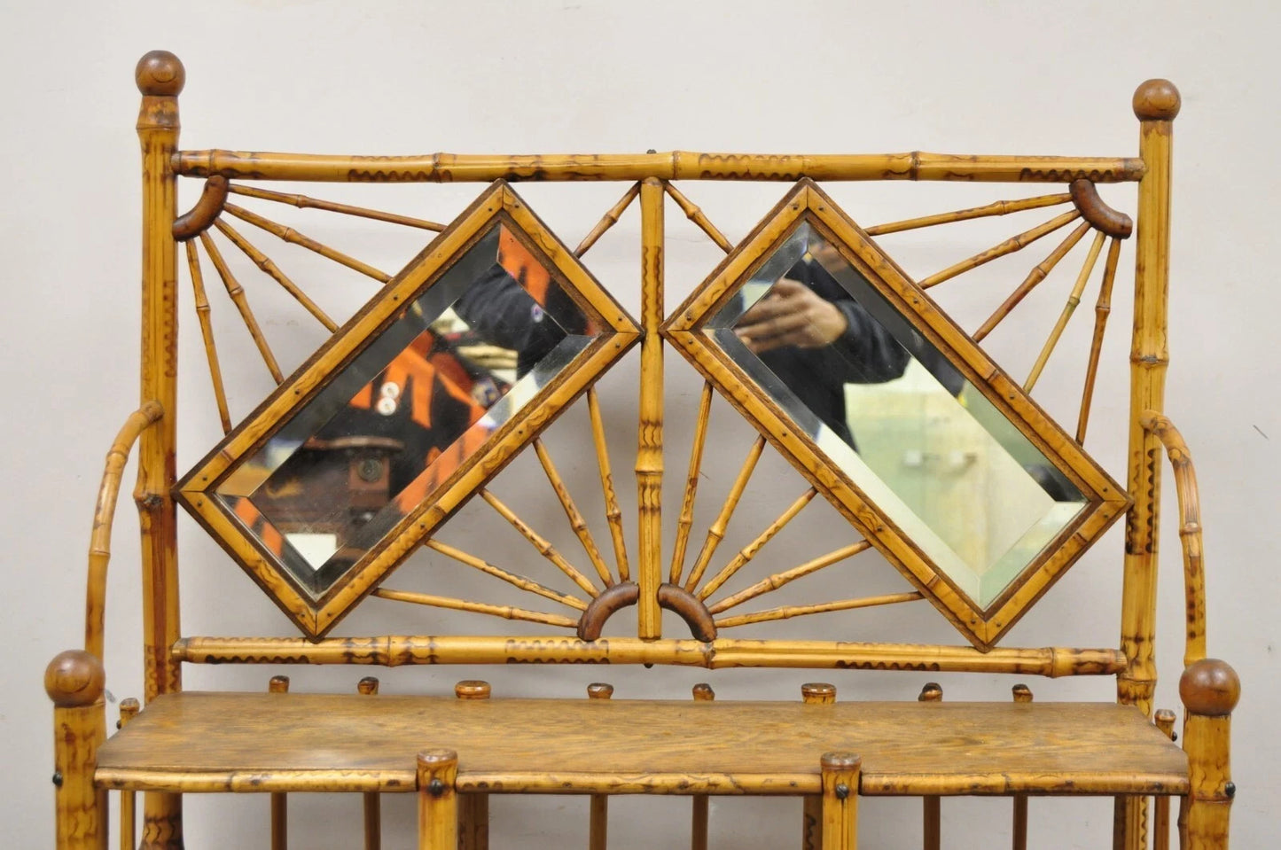 19th C English Victorian Bamboo Stick and Ball Curio Shelf Etagere w/ Mirror