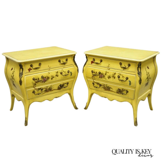Vintage Chinoiserie French Louis XV Yellow Painted 3 Drawer Nightstands - a Pair