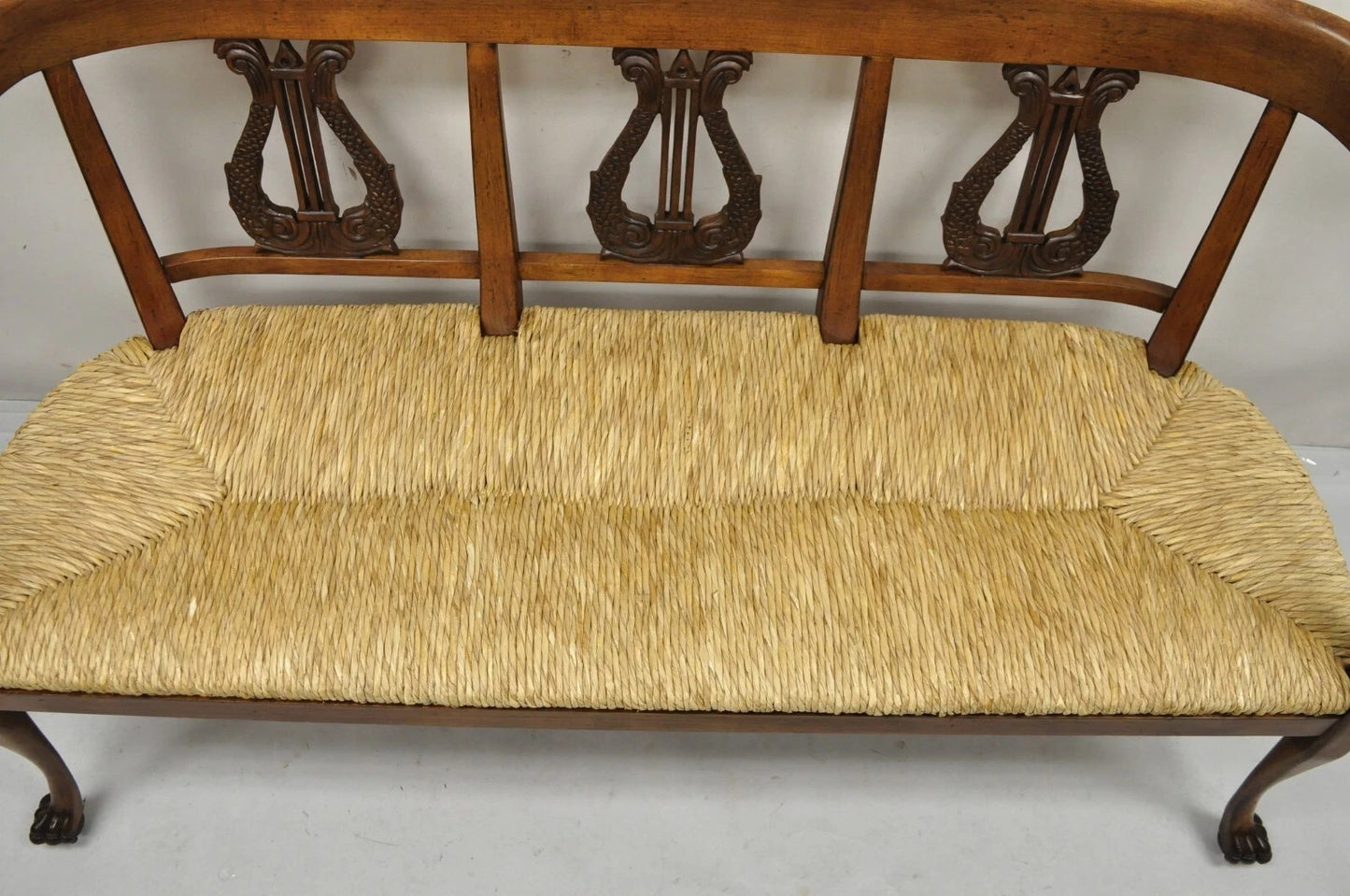 Vintage Italian Neoclassical Cherry Wood Dolphin Lyre Carved Rush Seat Bench