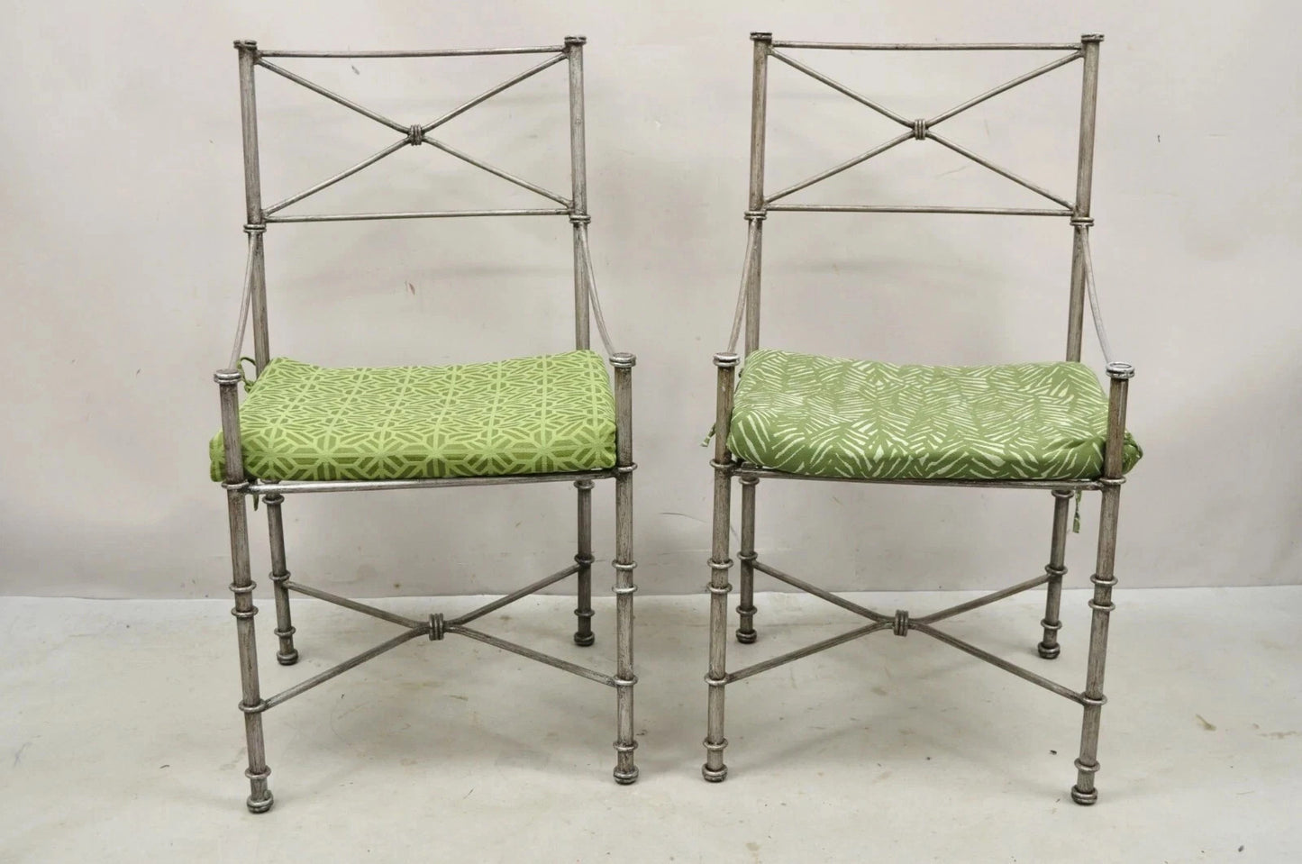 Pier 1 Medici Pewter Wrought Iron Neoclassical Style Dining Side Chairs - a Pair