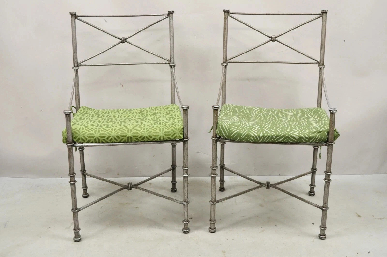 Pier 1 Medici Pewter Wrought Iron Neoclassical Style Dining Side Chairs - a Pair