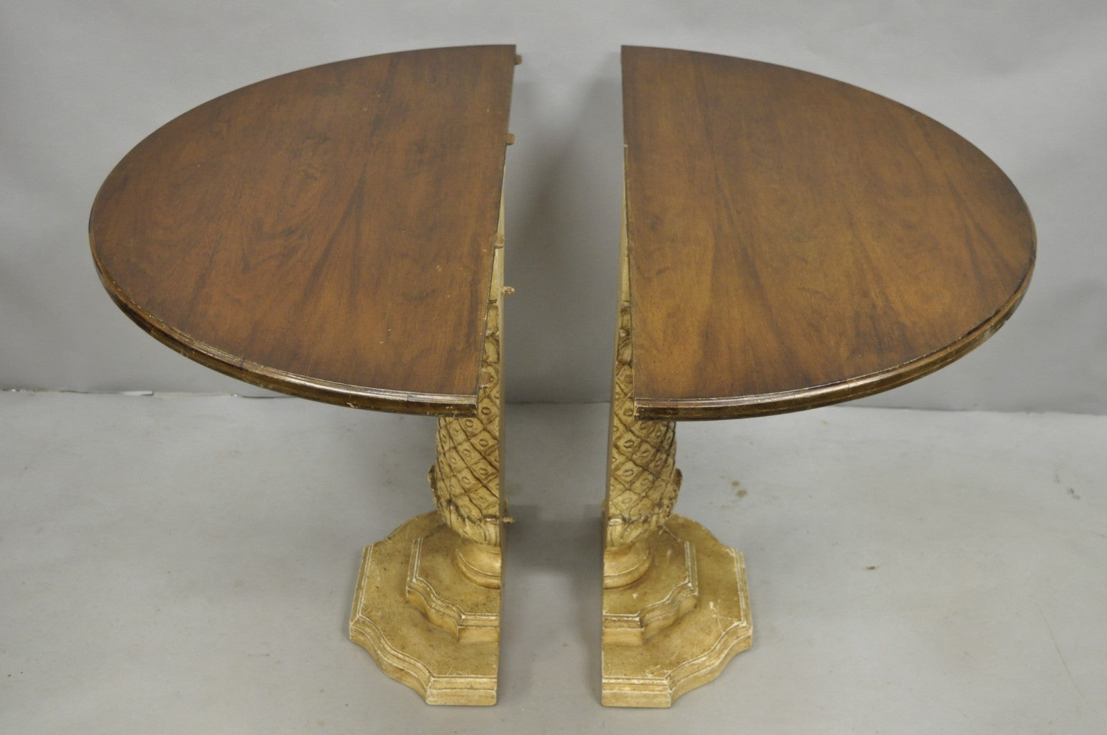 Hollywood Regency Carved Wood Pineapple Demilune Console Hall Tables - a Pair