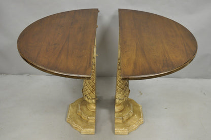 Hollywood Regency Carved Wood Pineapple Demilune Console Hall Tables - a Pair
