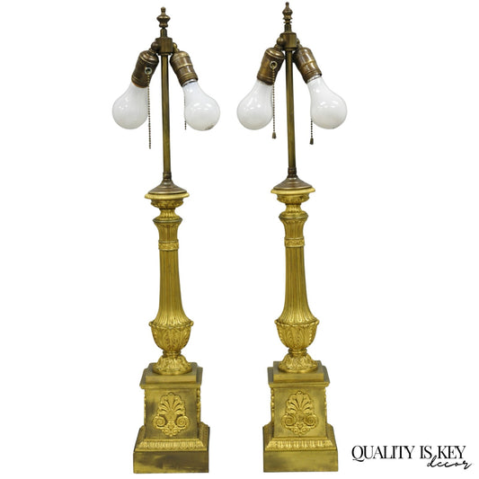 Antique French Empire Neoclassical Bronze Candlestick Column Table Lamps a Pair