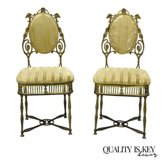Antique Victorian Bronze Brass Oscar Bach Style Parlor Salon Side Chairs - Pair