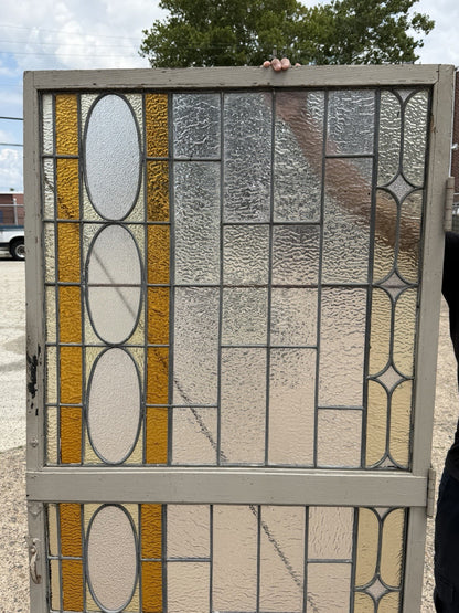 Antique Victorian Amber Stained Leaded Glass Double Window Converted to Door