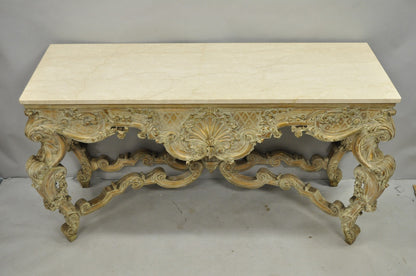 Antique French Louis XV Rococo Style Shell Carved 68" Marble Top Console Table