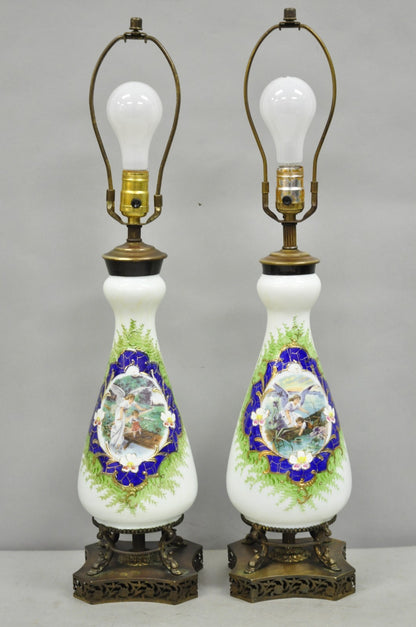 Antique Victorian French Hand Painted Angel and Child Glass Table Lamps - a Pair