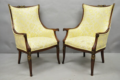 Vintage French Hollywood Regency Carved Mahogany Parlor Lounge Chairs - a Pair