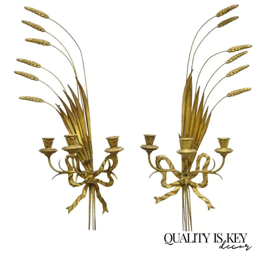 Italian Hollywood Regency Gold Iron Sheaf of Wheat Candle Wall Sconces - a Pair