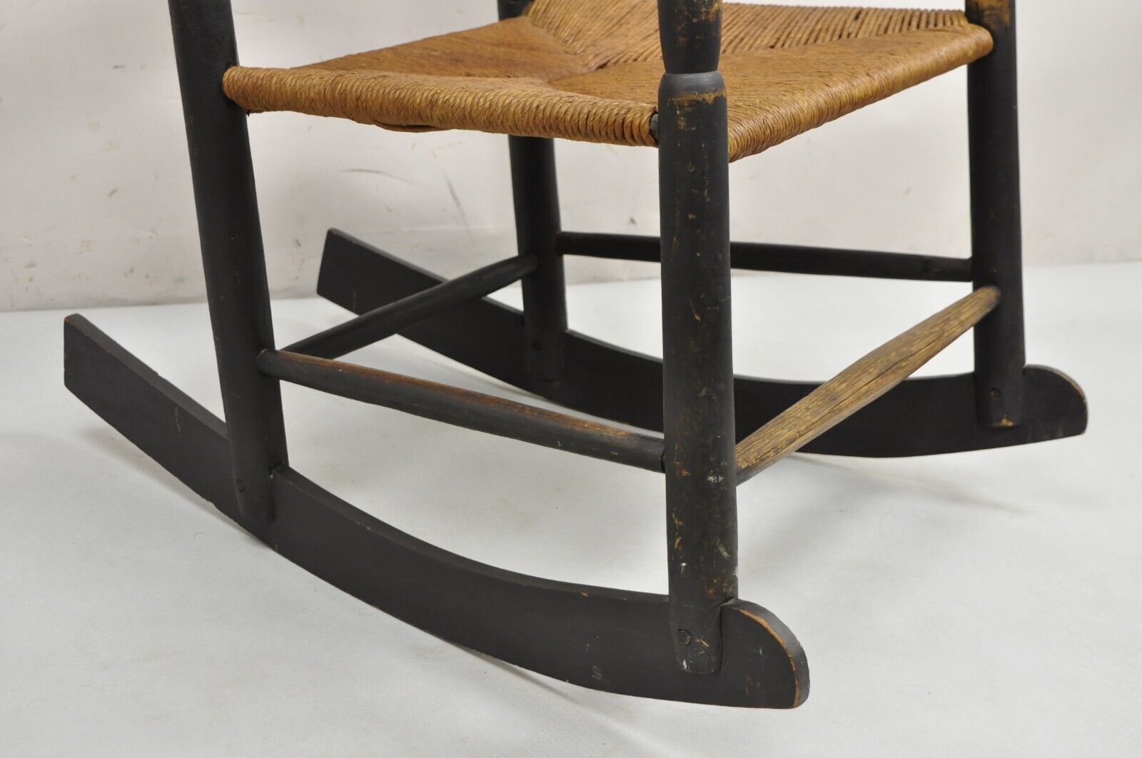 Antique American Primitive Shaker Ebonized Wood Rush Seat Rocker Rocking Chair