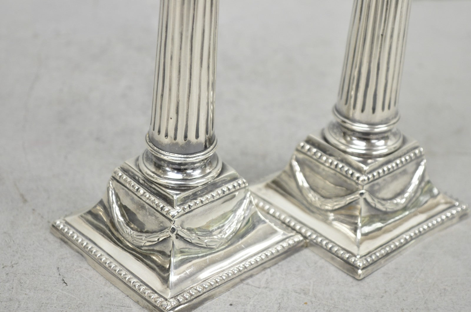 Vintage English Regency Silver Plated Classical Column Small Candlesticks - Pair