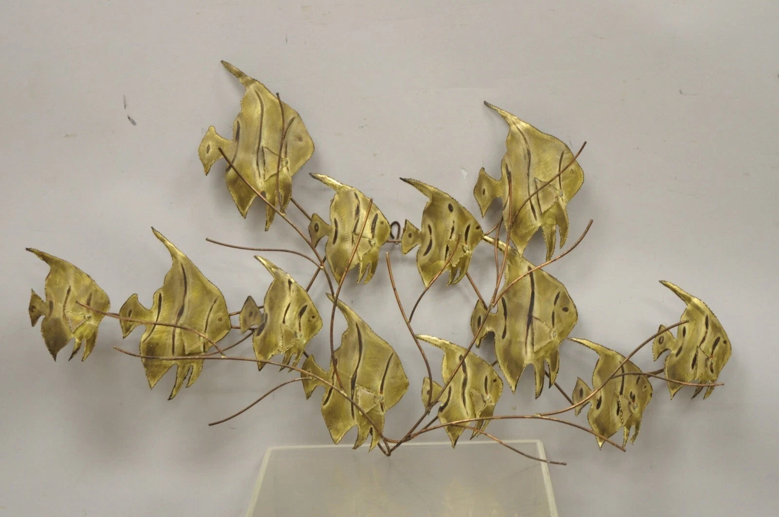 Vintage Bergasse Mid Century Modern Brass Metal "School of Fish" Wall Sculpture