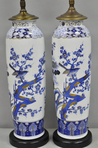 Vintage Chinoiserie Blue White Porcelain Bird & Plum Blossom Table Lamp - a Pair