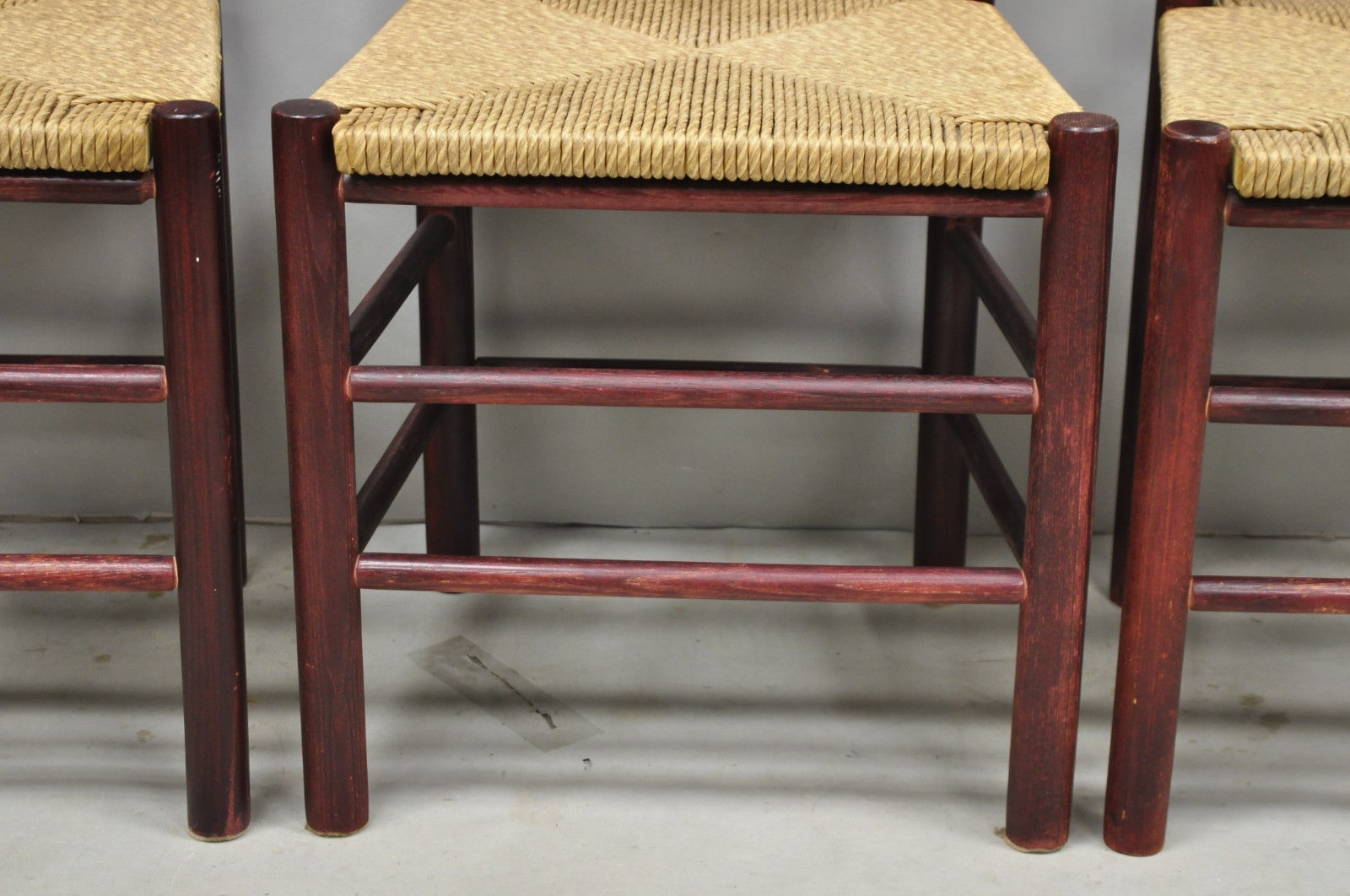 Primitive Rustic Ladder Back Woven Rush Seat Dining Side Chairs - Set of 6