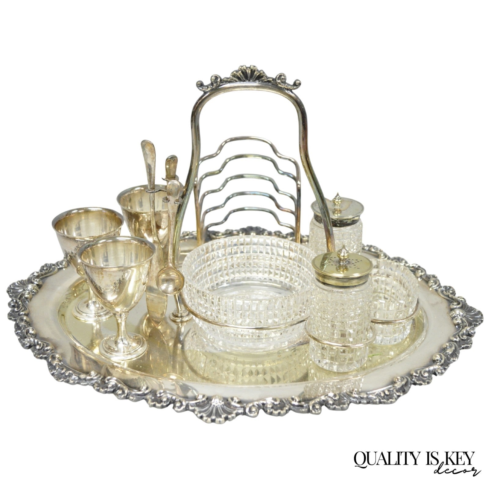 Antique Victorian Silver Plated Footed Cut Glass Breakfast Set Toast Rack w Tray