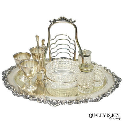 Antique Victorian Silver Plated Footed Cut Glass Breakfast Set Toast Rack w Tray