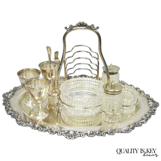 Antique Victorian Silver Plated Footed Cut Glass Breakfast Set Toast Rack w Tray