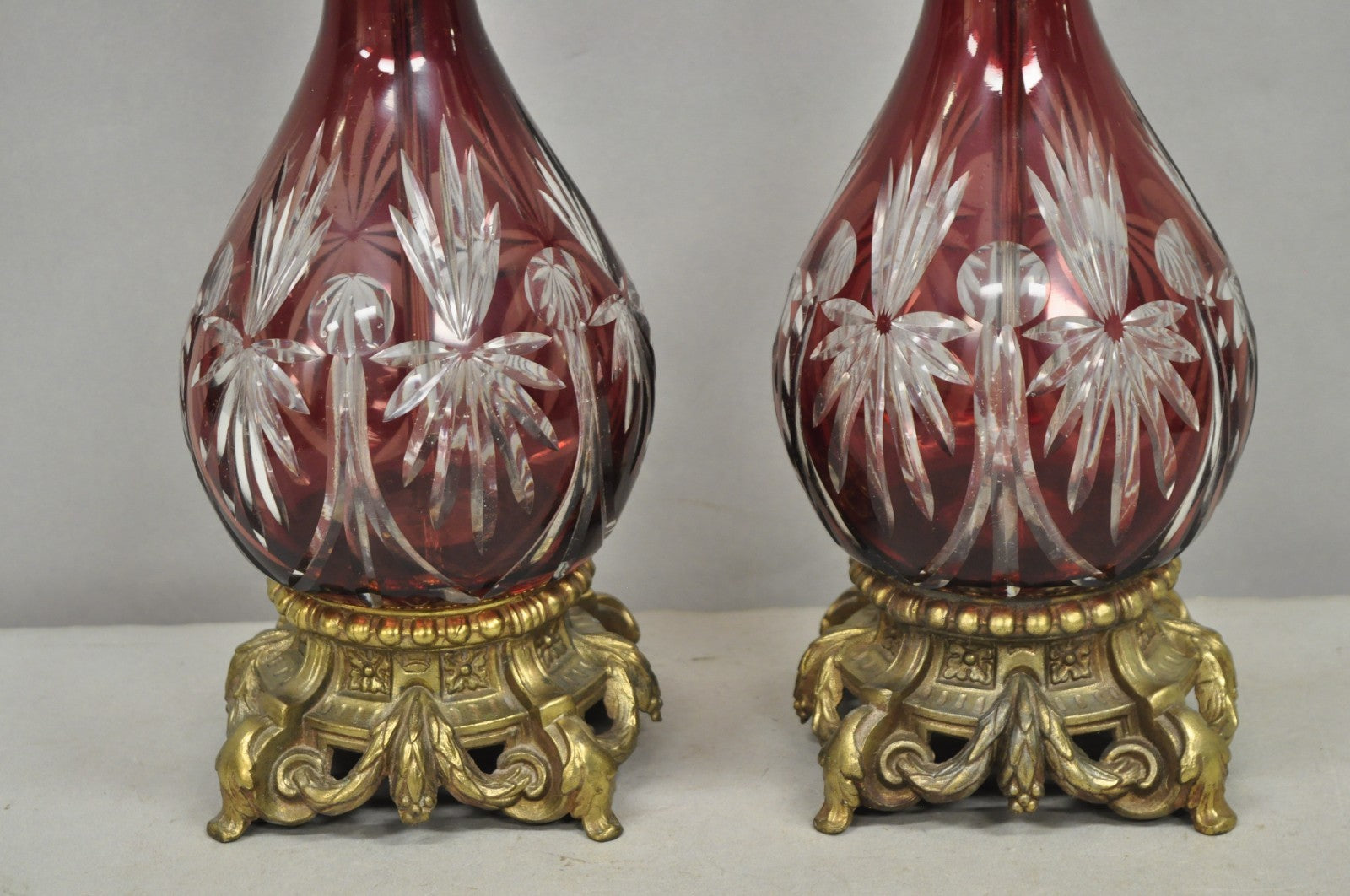 Antique Bohemian Cranberry Ruby Red Cut to Clear Glass Table Lamps - a Pair