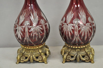 Antique Bohemian Cranberry Ruby Red Cut to Clear Glass Table Lamps - a Pair