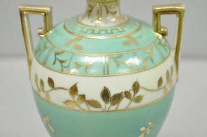 Antique Nippon Hand Painted Porcelain Windmill Scene Green Small Bolted Vase