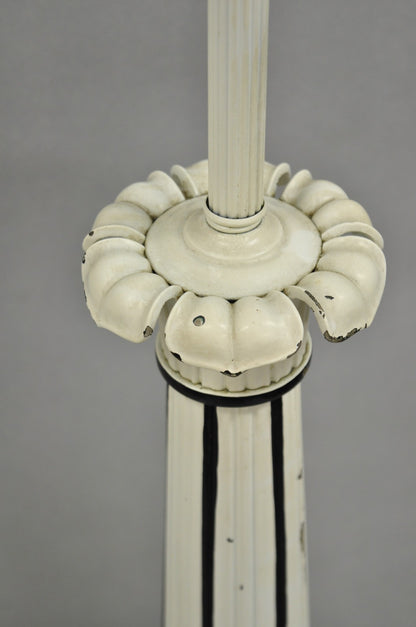 Vintage Hollywood Regency Lotus Leaf Black & White Metal Column Table Lamps Pair