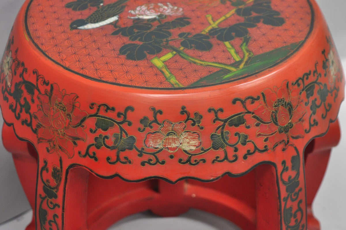 Vintage Chinoiserie Red Lacquer Plant Stand Garden Stool Drum Side Table (B)